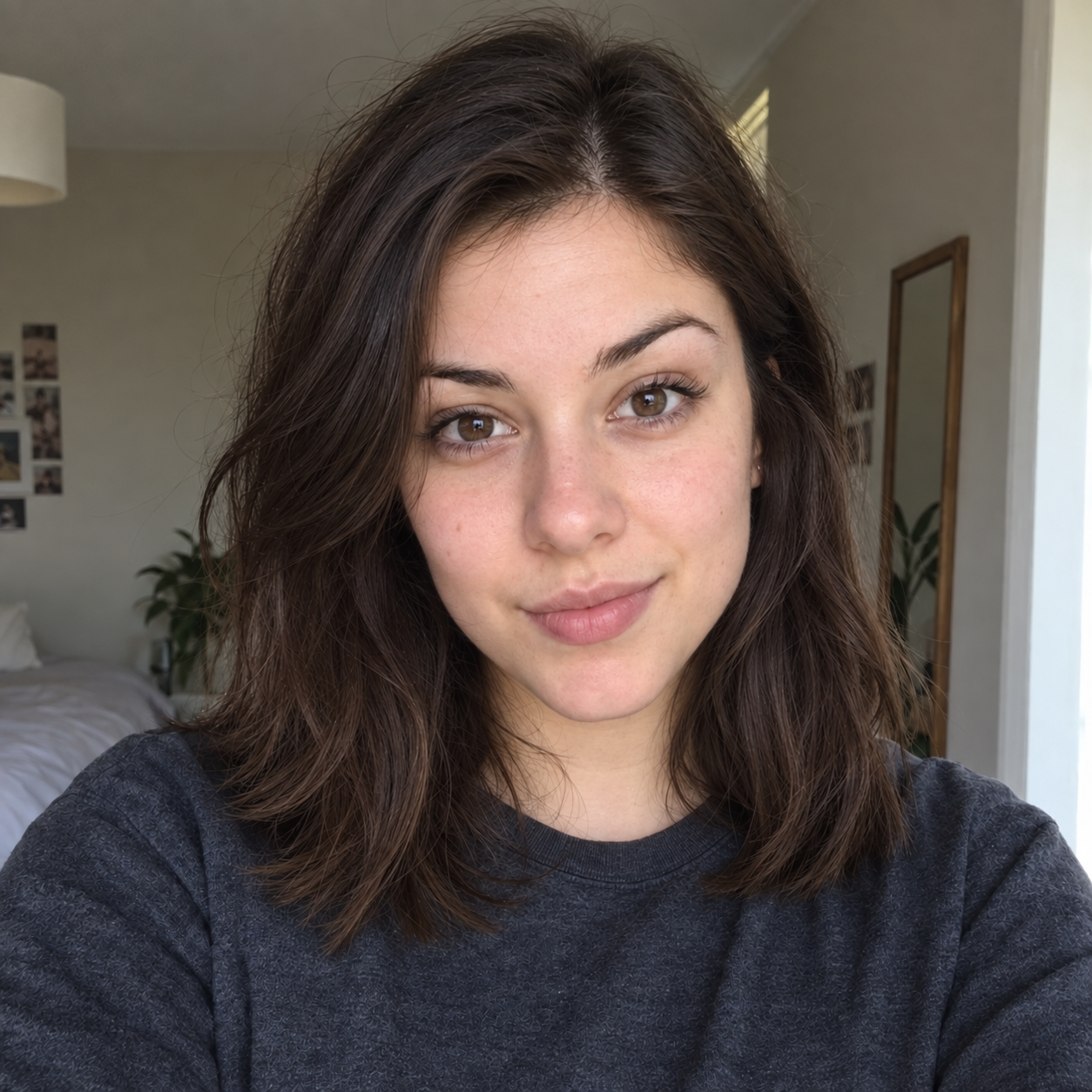 Jess in a charcoal top, with shoulder-length brown hair